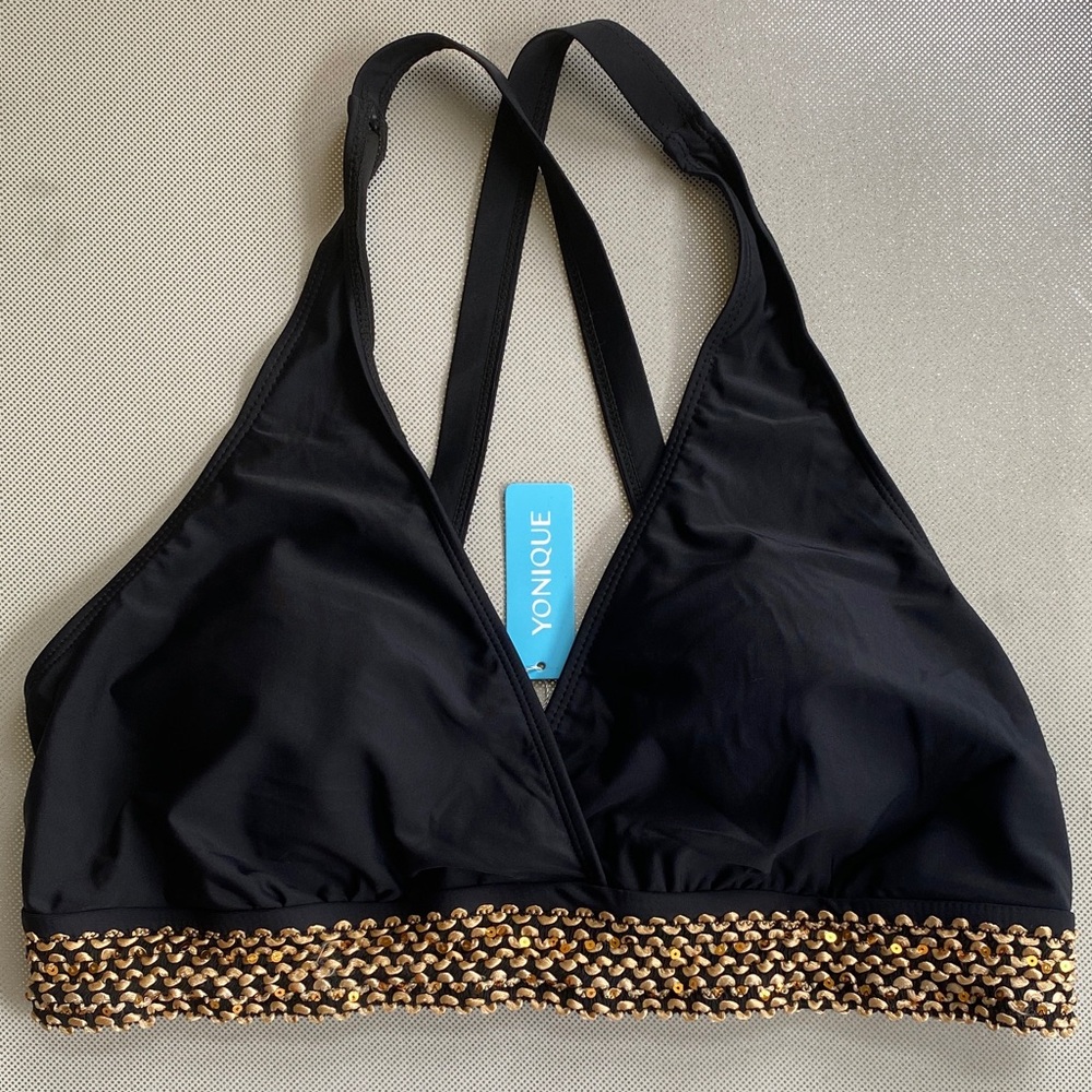 Yonique Black and Gold Bikini Top